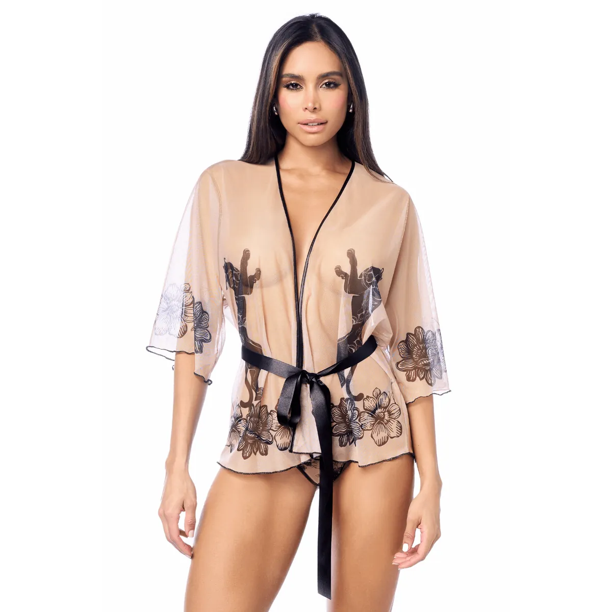 robe sexy tule estampado transparente fio dental laço cintura ajustável tanga combinando sensual romântico elegante sofisticado Mapalé colombiano