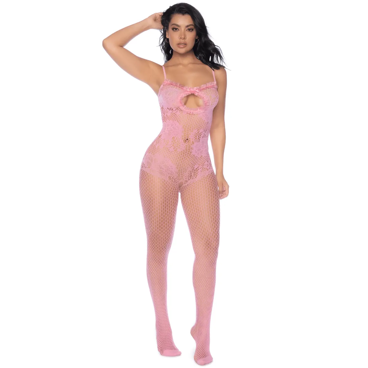 macacão rede rosa vazada floral sensual alças finas abertura busto babados laço cetim entrepernas aberto elástico macio sexy