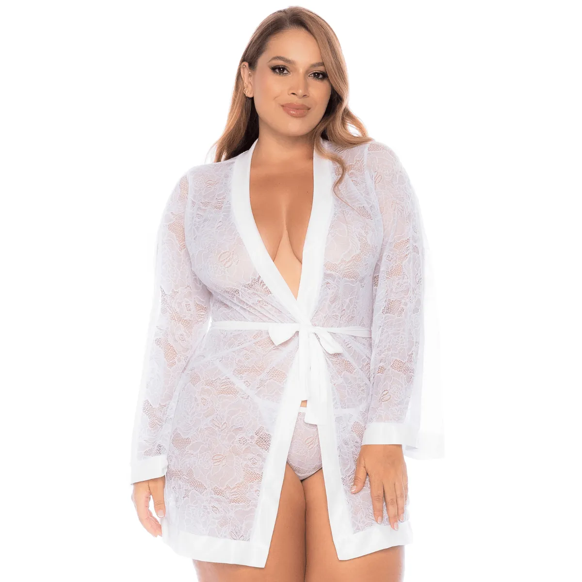 Roupão tamanho grande renda branca floral transparente delicado elegante mangas longas fluidas faixa cintura ajustável silhueta romântico noiva noite especial