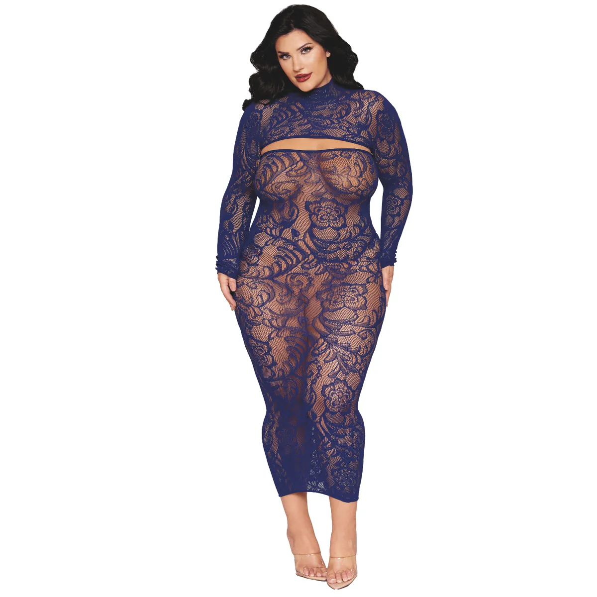 Conjunto duas peças grande top mangas compridas vestido azul marinho fixado fecho axila sem fio dental nylon spandex
