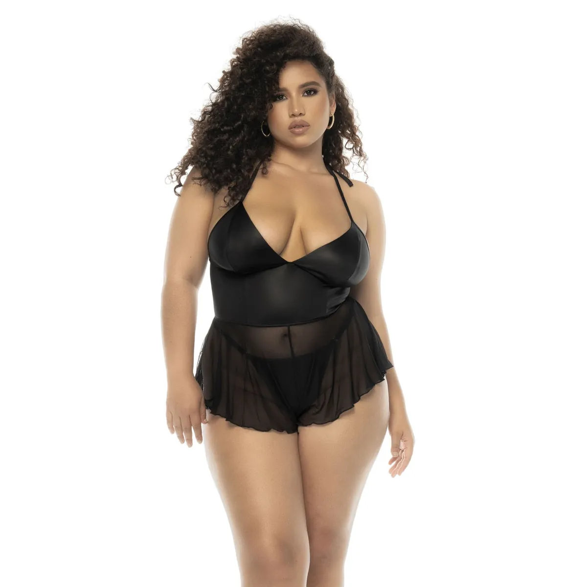 Body efeito babydoll Pearl tamanho grande em wetlook preto e rede, alças ajustáveis, zíper funcional nas costas - MAL7547XWBLK