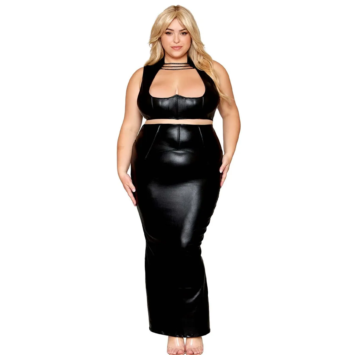 conjunto lingerie preto couro sintético tamanho grande sutiã arnês elástico correntes pescoço costas nuas fechos gancho saia longa