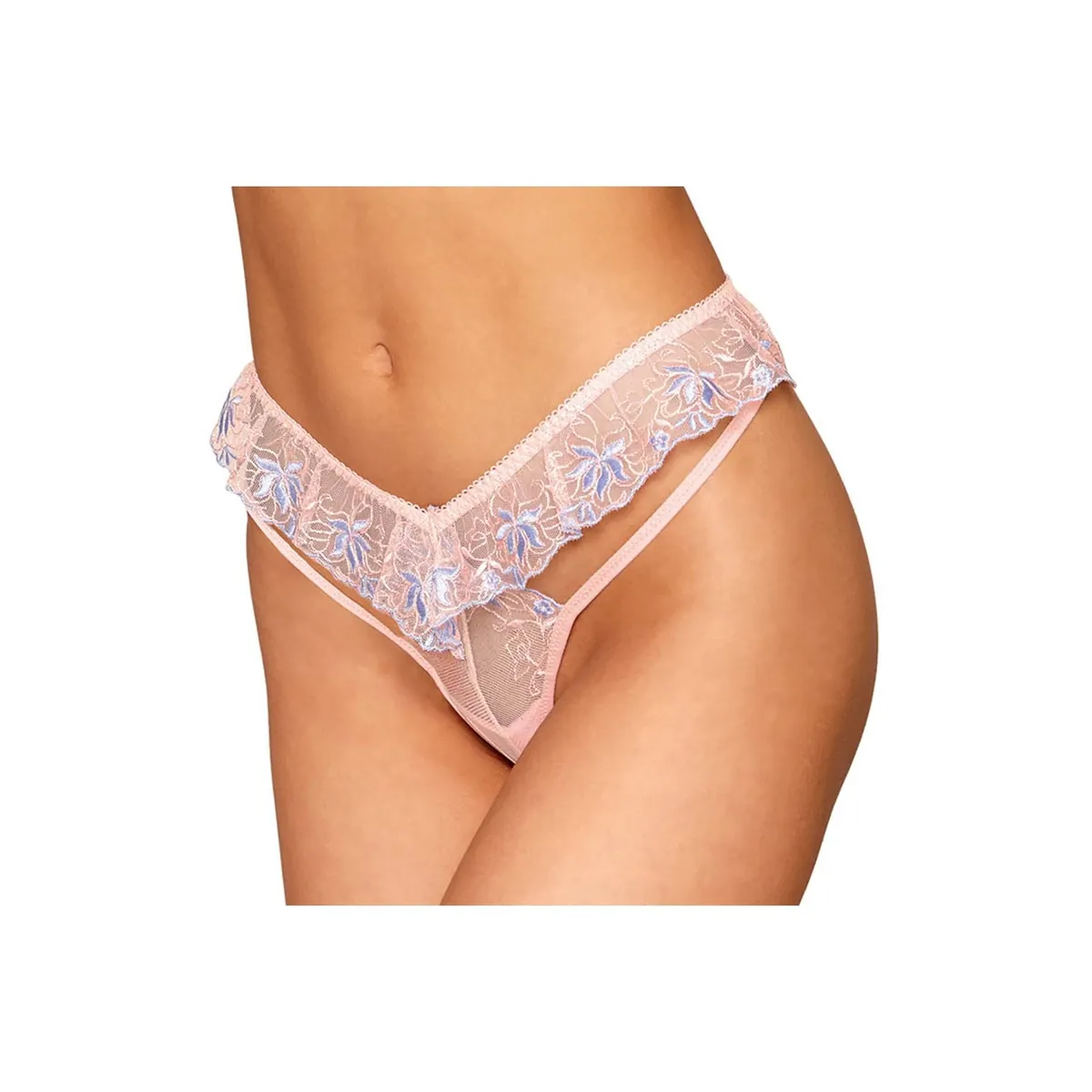 fio tanga bordado floral rosa azul cintura elástica V flutuante romântico delicado transparente malha poliéster exclusivo decoração