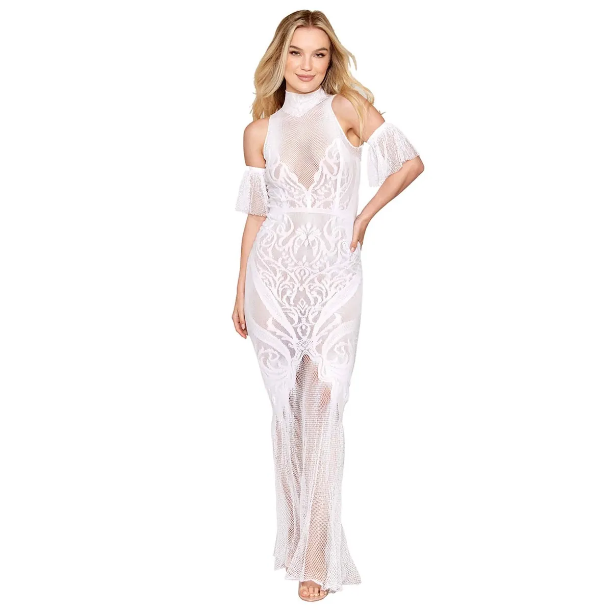 vestido bodystocking branco sem costura renda personalizada painéis rede gola larga mangas flutuantes separadas tanga não incluída