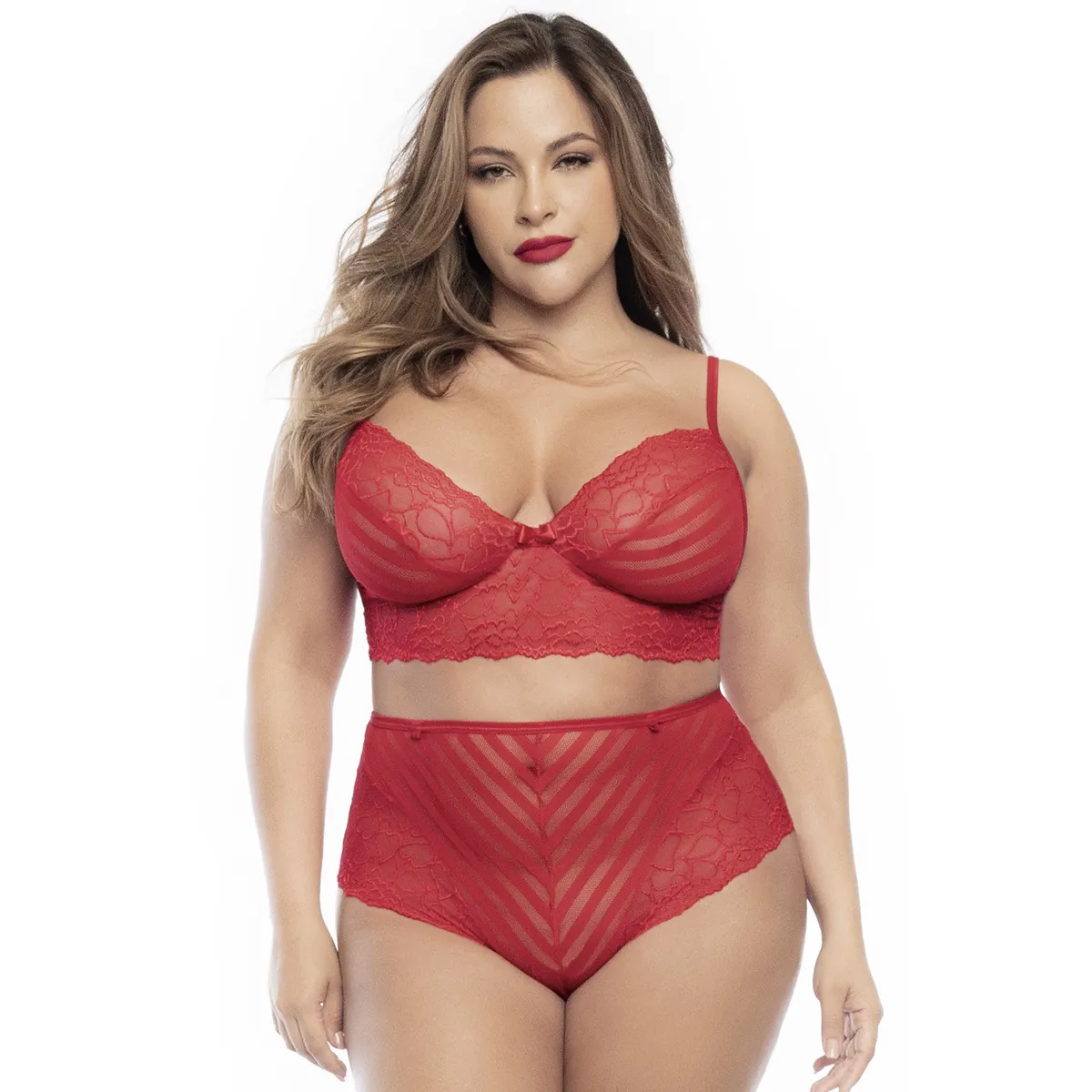 Conjunto lingerie tamanho grande duas peças renda vermelha sutiã listrado calcinha cintura alta ligas removíveis nylon elastano poliamida sensual confortável
