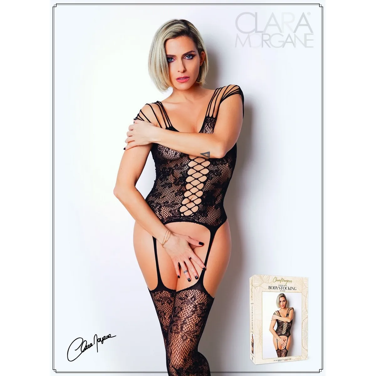 bodystocking renda floral ClaraMorgane alças cascata abertura barriga laço cruzado peito sublime curvas meiasligas erotismo tecido elástico justo poliamida elastano