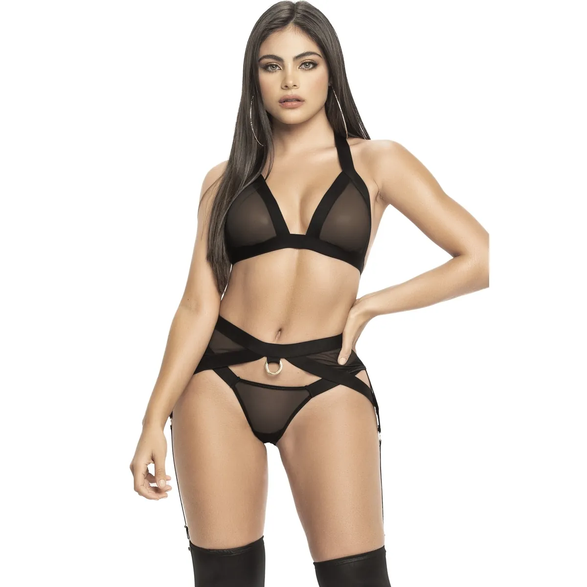 Conjunto três peças tule transparente preto top triângulo alças elásticas cinto ligas tanga aberta nádegas sensual elegante coleção Mapalé