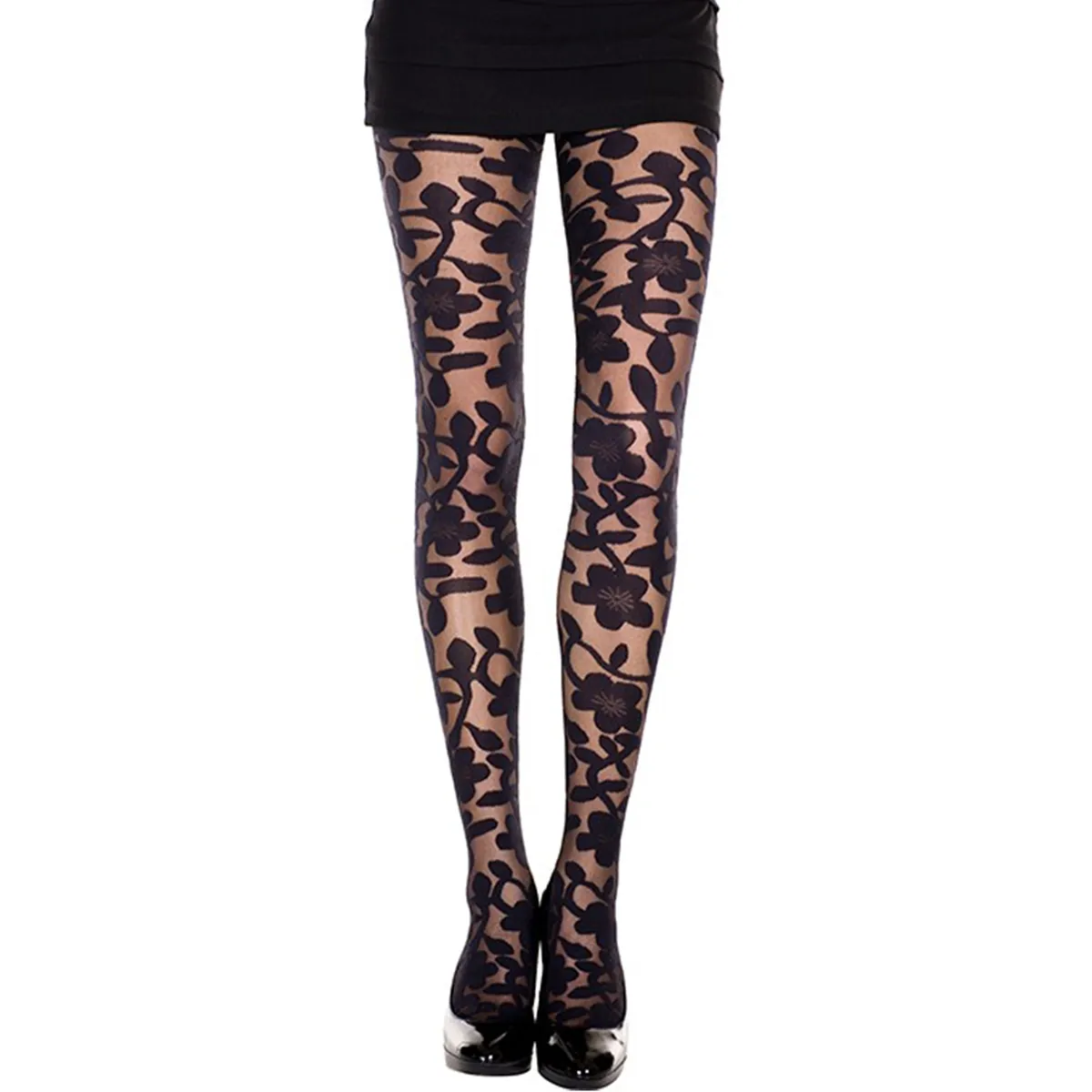 collant preto estampado floral clássico sensual feminino nylon elastano modelagem ajustada confortável leve resistente elegante versátil