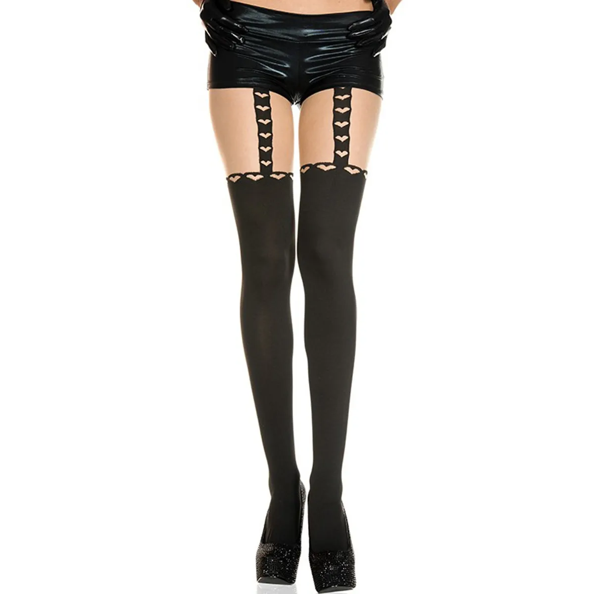 meia calça preta nylon elastano efeito cinta liga corações parte superior tom pele confortável sedosa sensação ajuste