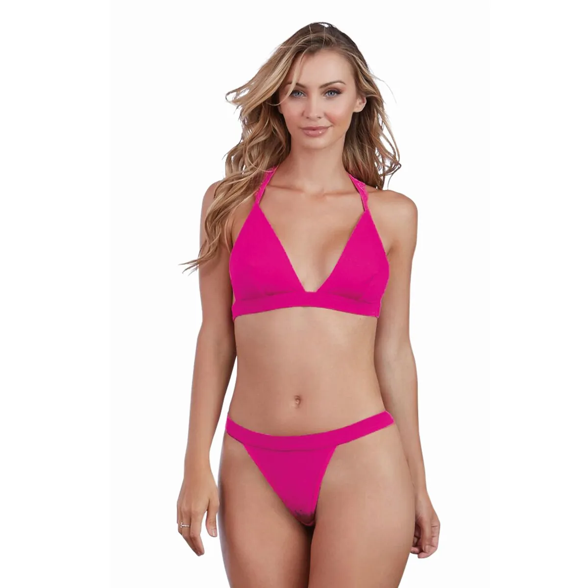 conjunto magenta sensual jersey suave frente opaca renda traseira delicada sutiã alças halter ajustavel tanga leve macio elastano rayon