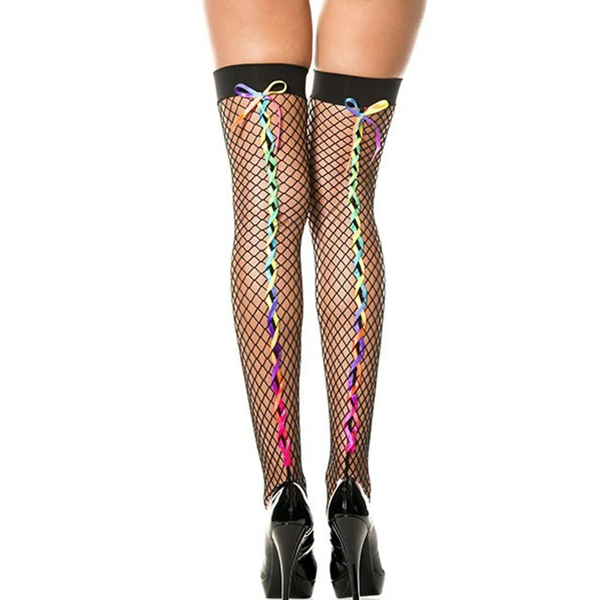 meias arrastão pretas autoadesivas festivas glamurosas sensuais trançadas fitas coloridas arcoíris nylon elastano confortáveis ajustadas balada