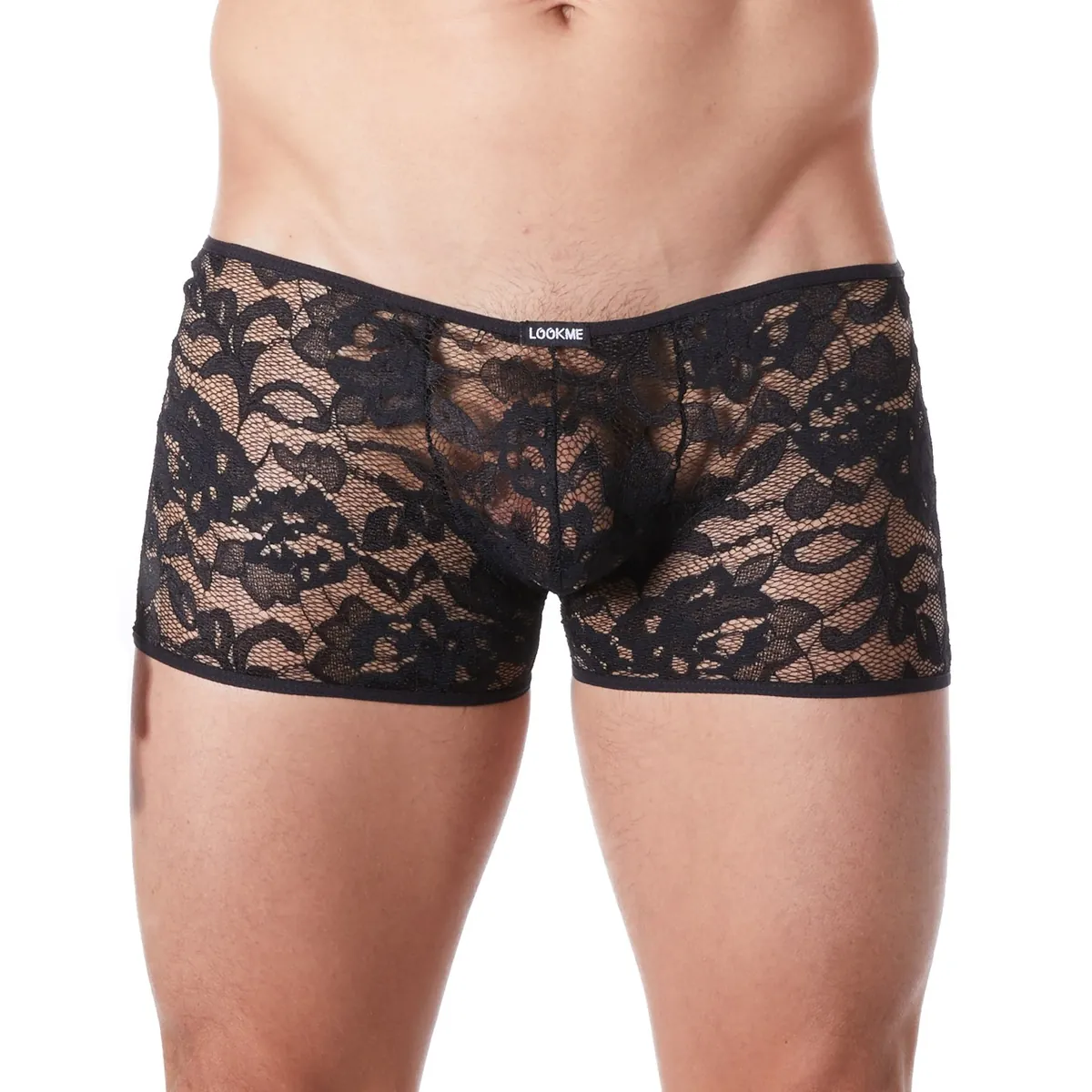 boxer preto renda fina floral leve transparência sensual masculino ajustado anatômico suave toque pele poliéster elastano confortável