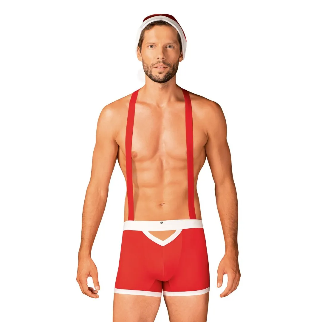 Traje Papai Noel Sensual Vermelho Boxer Suspensórios Ajustáveis Não Destacáveis Amarração Picante Corte Sutil Traseiro Gorro Clássico Pompom