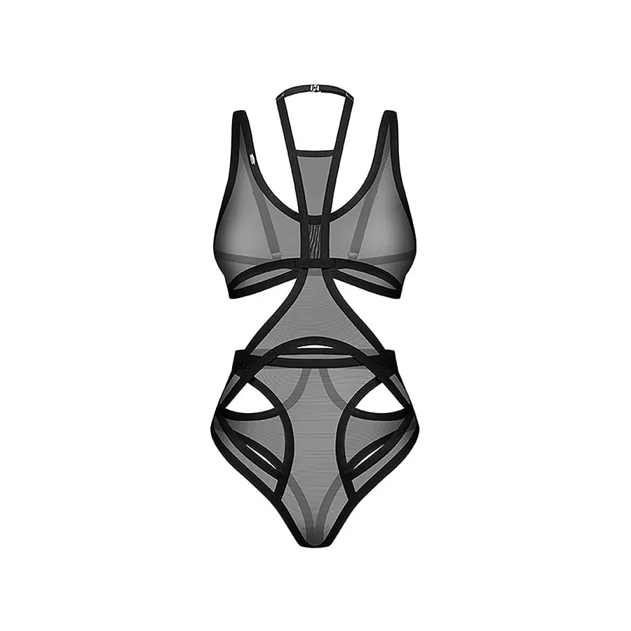 body preto Mercuris malha transparente recortes geométricos acabamentos delicados alças ajustáveis fecho gancho três etapas costas abertas silhueta
