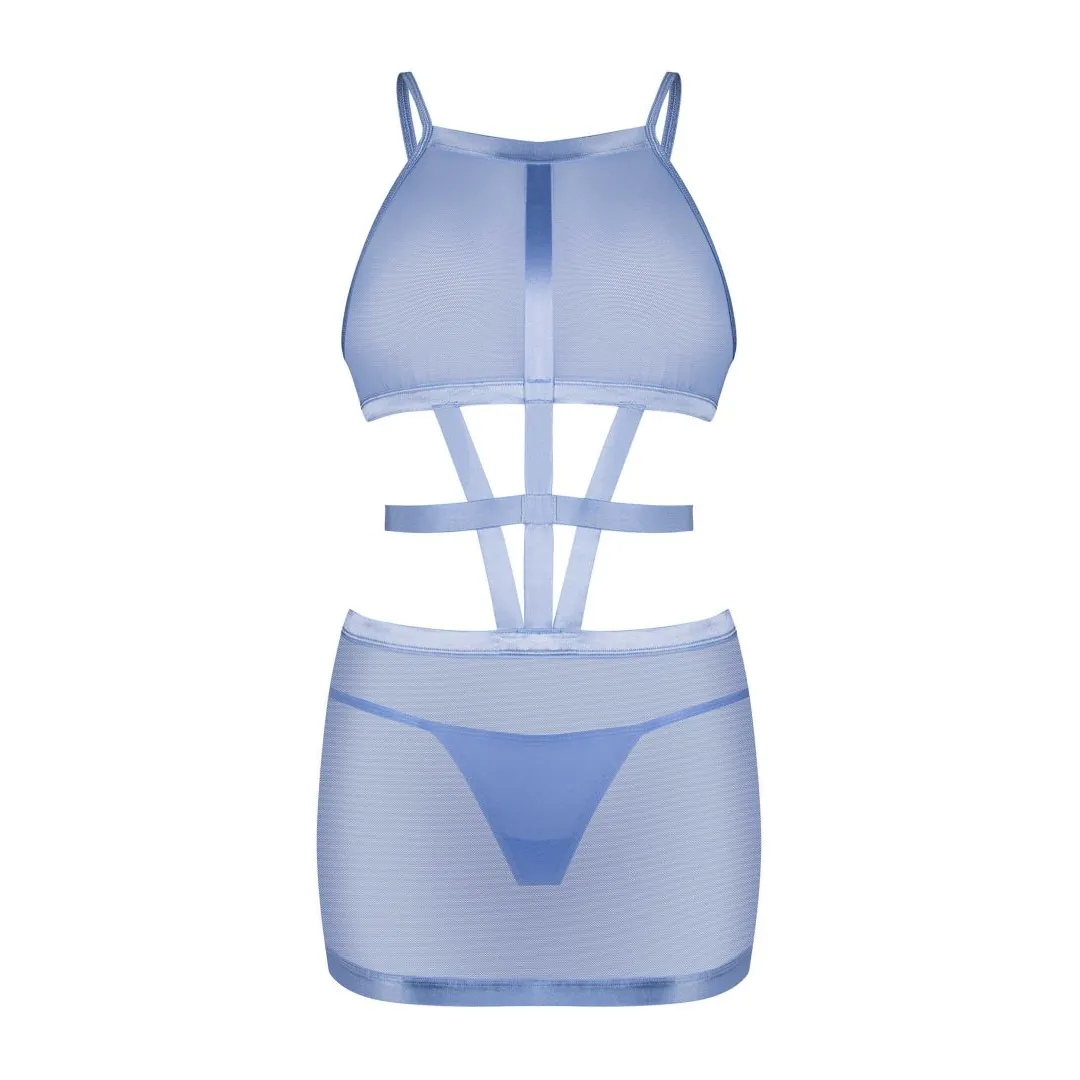 vestido fio dental azul transparente malha alças largas elásticas barriga cinto ajustável cintura tecidos macios qualidade superior fecho gancho costas