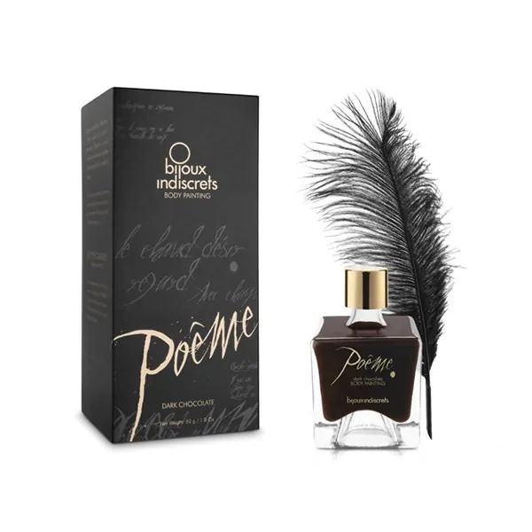 Poema pintura corporal sabor chocolate preto textura cremosa perfume requintado comestível beijável sensual afrodisíaco sensorial olfativo gustativo tátil visual