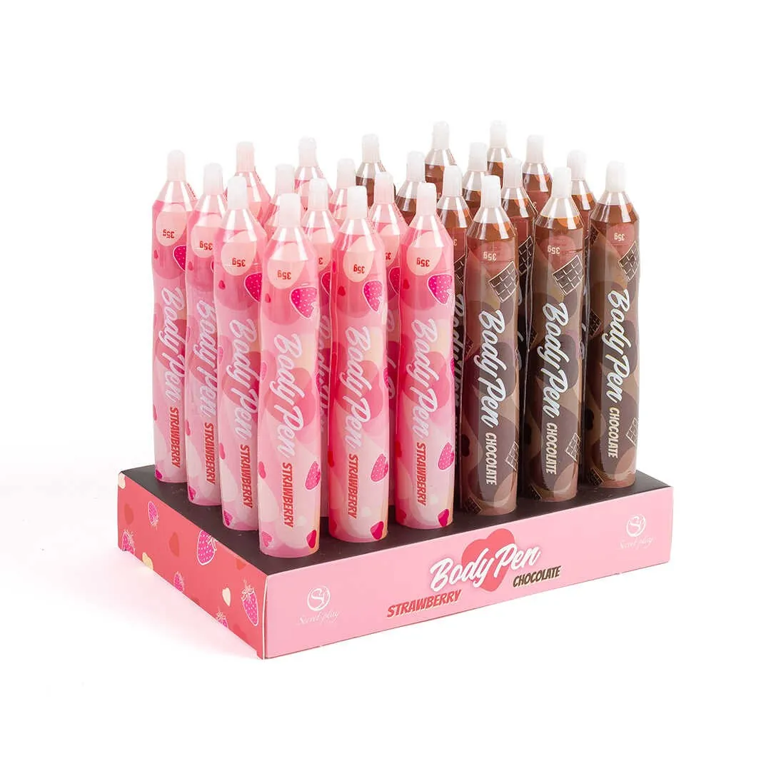 Expositor canetas corporais comestíveis morango chocolate vintequatro unidades 35g cada diversão sensual casal preliminares pintura corporal lambível