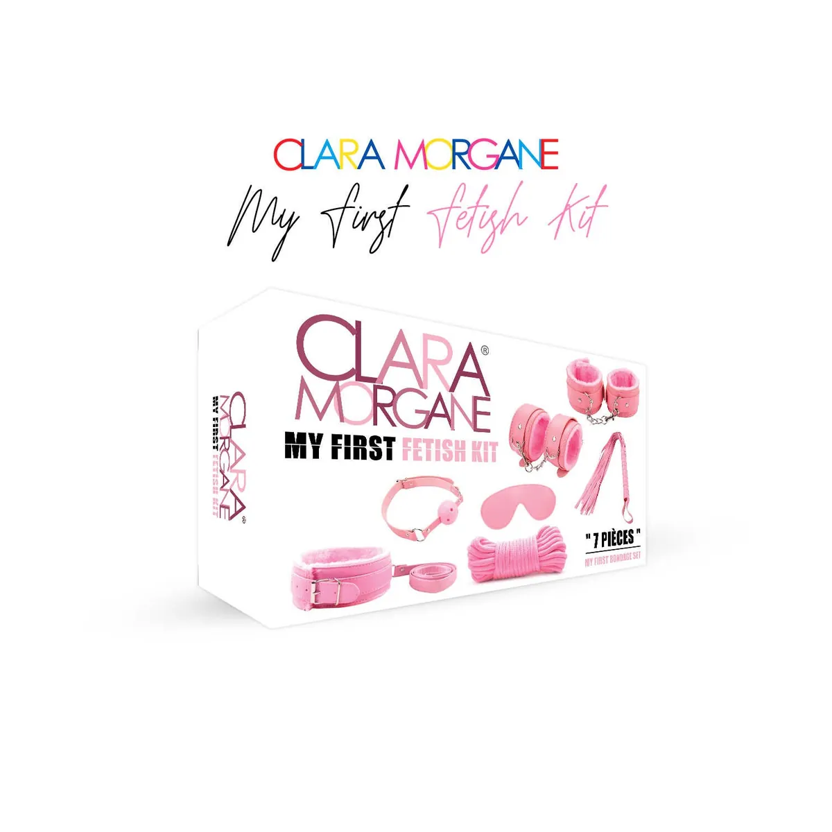 kit fetiche Clara Morgane rosa iniciação bondage iniciantes acessórios máscara chicote corda longa algemas tornozelos guia mordaça
