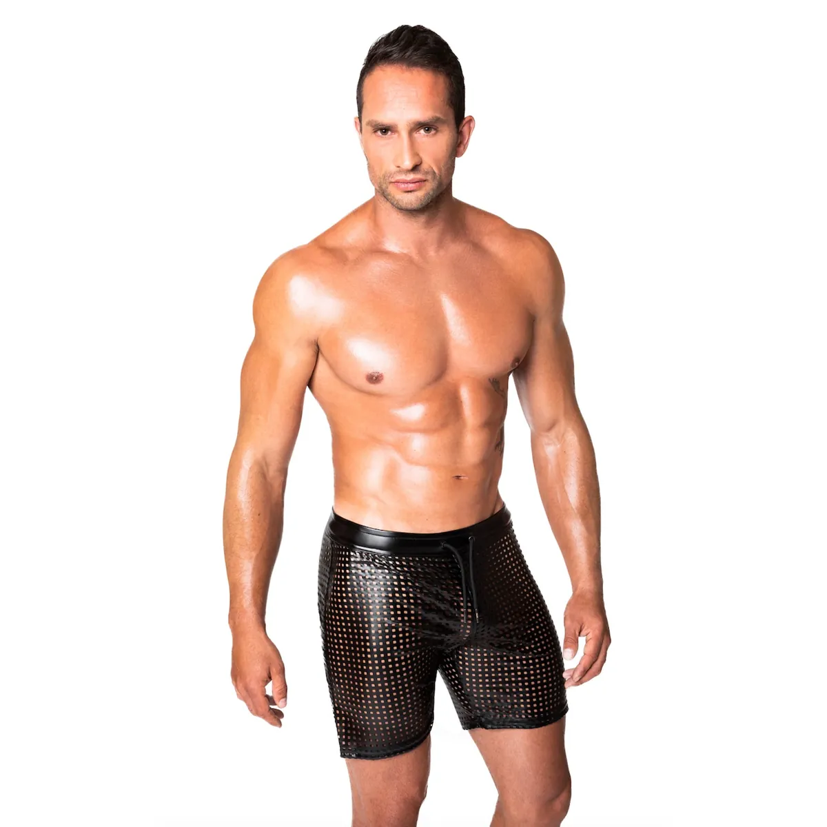 shorts ciclista wetlook elástico perfurado respirável elegante ajustável amarradura frontal cintura elástica tecido durável poliéster elastano revestimento polímero