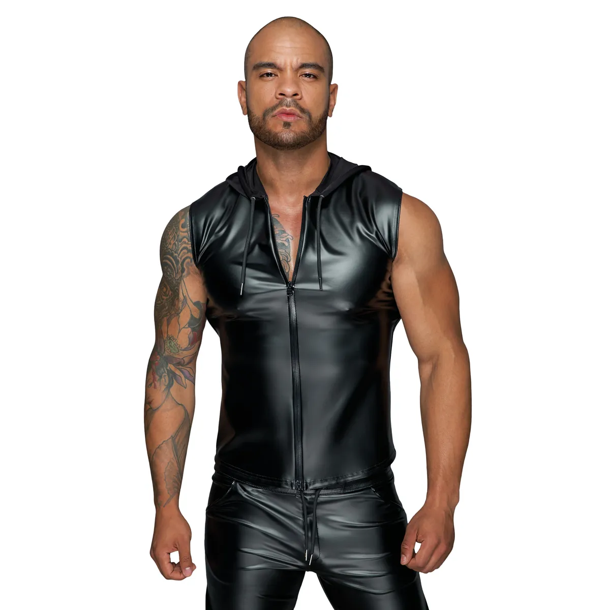 camisa capuz regata elegante zíper duplo frontal poliéster elastano revestido polímero acabamento brilhante elástico ajustada unissex urbana