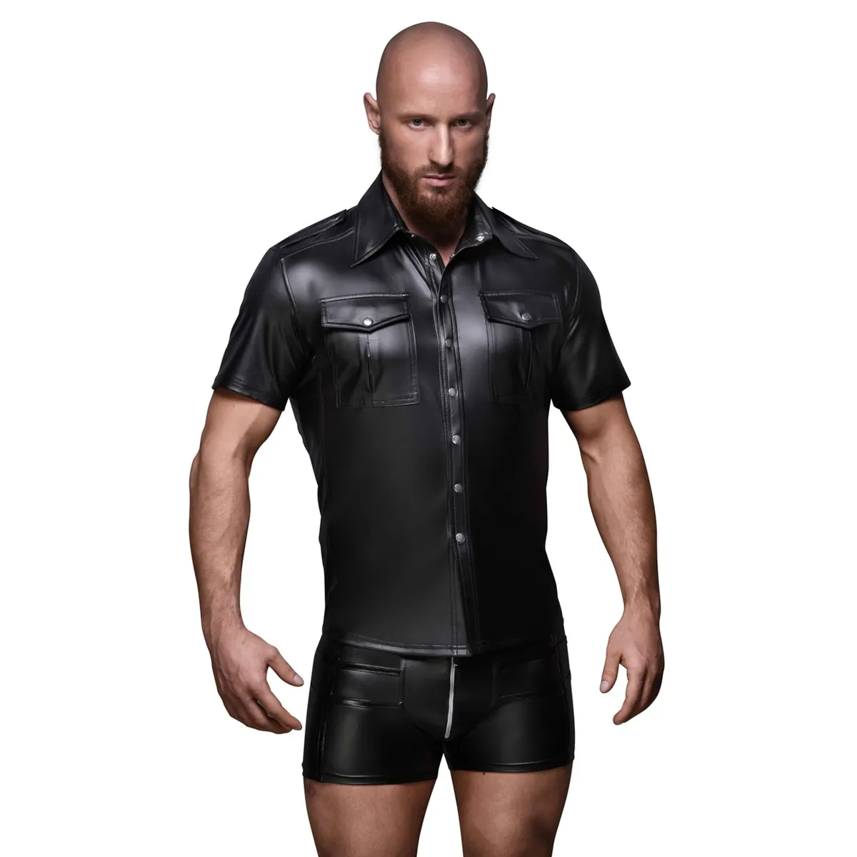 Camisa masculina brilho molhado elástico abotoada bolsos peitorais corte justo ajuste perfeito tecido poliéster elastano revestimento polímero sensual elegante