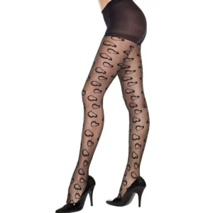 meia calça preta fantasia nylon sensual glamurosa modeladora pernas elegantes padrão corações pequenos irregulares feminina elástica