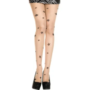 meia calça pele transparente nylon sedoso pernas estrelas pretas aplicadas elastano ajustável confortável sensual elegante leve durável modelador brilho suave
