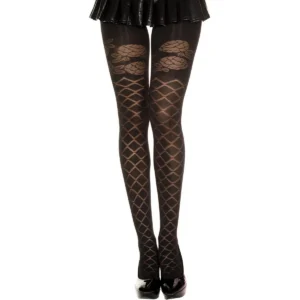 meia calça preta semiopaca nylon elastano efeito faixas cruzadas florais parte superior coxas conforto elegância modelagem