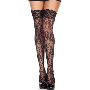 meias pretas rede floral ligas renda autossustentáveis nylon elegantes sensuais finas delicadas acabamento rendado moderno noite festa