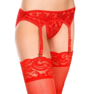 conjunto lingerie sexy vermelho renda floral cinta liga ajustável tanga fio dental combinando delicada sedutora elegante poliéster elastano