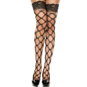 meias autoadesivas pretas fios trançados formando losangos faixas silicone renda ligas acabamento elegante composição poliéster spandex