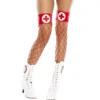 meias vermelhas arrastão ligas brilhantes cruz enfermeira padrão sensual provocante elástica nylon elastano coxa alta