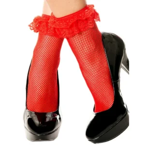 meias vermelhas soquete curtas rede fina renda babado delicadas fofas elegantes nylon confortáveis respiráveis luxuosas versáteis