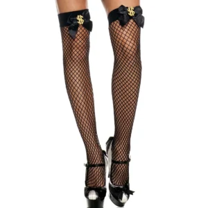 Meias Pretas Sensuais Fantasia Sexy Ligas Laços Acetinados Emblema Dólar Brilhante Sedutor Cintura Alta Malha Elástica Nylon Spandex Ajuste Erótico