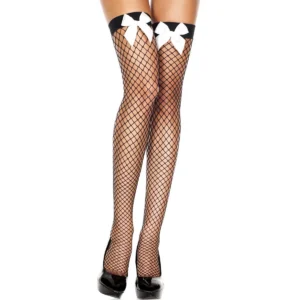 Meias pretas arrastão malha larga sensuais atraentes provocantes laços acetinados brancos ligas altas nylon elastano modeladoras confortáveis