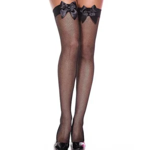 meias pretas rede fina laço preto acetinado liga sensual delicada transparente elegante ajustável resistente nylon glamourosa