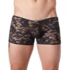 boxer preto renda fina floral leve transparência sensual masculino ajustado anatômico suave toque pele poliéster elastano confortável