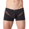 boxer preto sexy glamouroso confortável suave tecido poliéster elastano malha fina V frente costas corte sensual