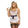 fantasia sexy empregada avental branco transparente decote balconê fita preta alças cruzadas tanga tocado pena carícias sensuais ligas ajustáveis