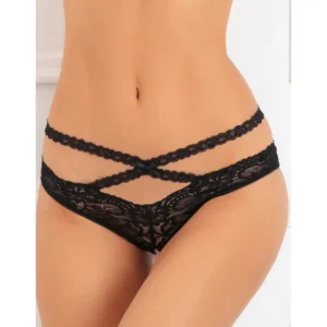 Tanga preta renda fina suave sedutora elegante sensual ornamentos cruzados frente verso abertura virilha conforto pele nylon elastano