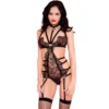body preto fetichista renda delicada glamourosa bordas cílios tiras estruturadas anéis metálicos ornamentos ligas meias nylon elastano sensual ajustável