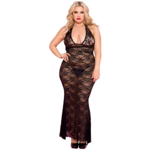 camisola longa preta tamanho grande sensual renda floral decote profundo costas descobertas poliéster elastano estilo vestido confortável sexy feminina