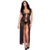 camisola longa preta aberta renda floral sensual elegante suave pele fechos fita discretos alças ajustáveis tanga fio dental nylon elastano