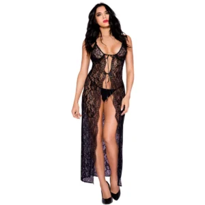 camisola longa preta aberta renda floral sensual elegante suave pele fechos fita discretos alças ajustáveis tanga fio dental nylon elastano