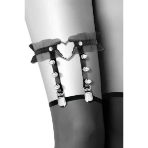 liga preta ajustável coxa 34 41 centímetros elegante provocante fetichista tule coração metal pontas metálicas não pontiagudas glamouroso poliuretano zinco