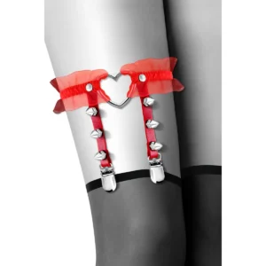liga vermelha ajustável coxa 34cm 41cm tule glamouroso coração metal picos metálicos não pontiagudos fetichista sensual elegante poliuretano zinco