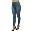 legging azul estilo jeans justo elástico macio cintura alta detalhes estampados bolsos decorativos feminino moderno confortável poliéster elastano