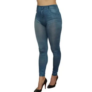 legging azul estilo jeans justo elástico macio cintura alta detalhes estampados bolsos decorativos feminino moderno confortável poliéster elastano