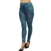 legging azul efeito jeans desbotado justa elástica confortável modelagem cintura alta tecido poliéster elastano resistente secagem rápida