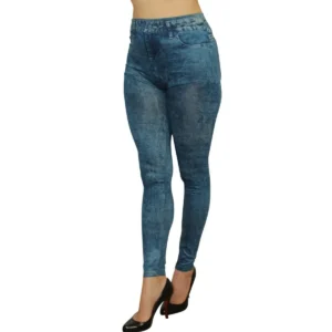 legging azul efeito jeans desbotado justa elástica confortável modelagem cintura alta tecido poliéster elastano resistente secagem rápida